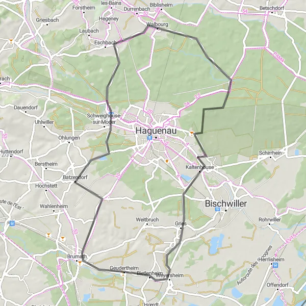 Miniature de la carte de l'inspiration cycliste "Brumath - Niederschaeffolsheim - Schweighouse-sur-Moder - Walbourg - Kaltenhouse - Kurtzenhouse" dans la Alsace, France. Générée par le planificateur d'itinéraire cycliste Tarmacs.app