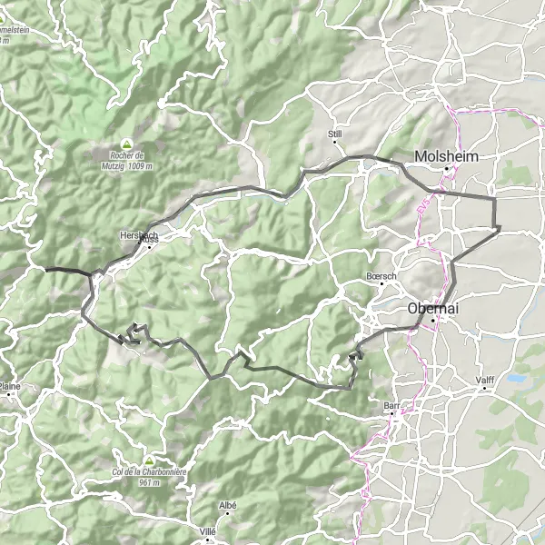 Miniature de la carte de l'inspiration cycliste "Les Montagnes d'Alsace" dans la Alsace, France. Générée par le planificateur d'itinéraire cycliste Tarmacs.app