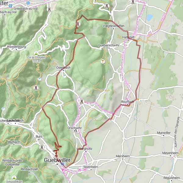 Map miniature of "The Vosges Gravel Adventure" cycling inspiration in Alsace, France. Generated by Tarmacs.app cycling route planner