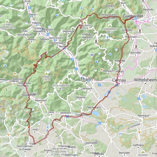 Miniature de la carte de l'inspiration cycliste "Les Crêtes d'Alsace" dans la Alsace, France. Générée par le planificateur d'itinéraire cycliste Tarmacs.app