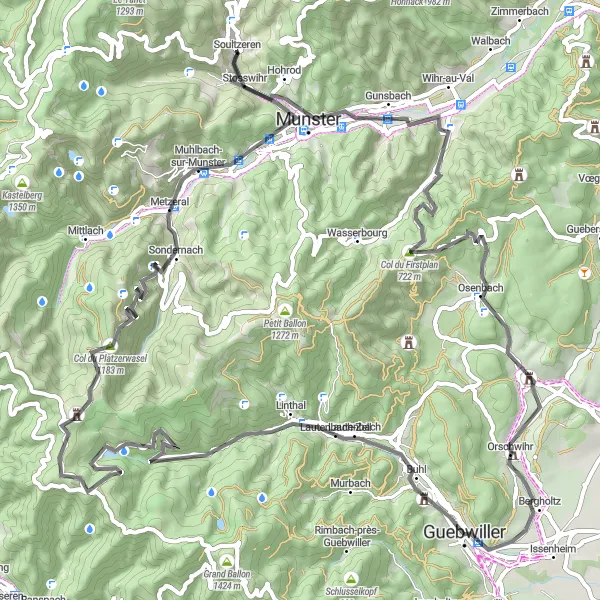 Map miniature of "Climb the Legends of the Vosges Mountains" cycling inspiration in Alsace, France. Generated by Tarmacs.app cycling route planner