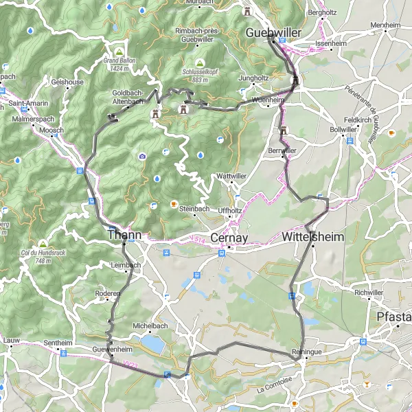 Miniature de la carte de l'inspiration cycliste "Les Charmes de la Vallée" dans la Alsace, France. Générée par le planificateur d'itinéraire cycliste Tarmacs.app