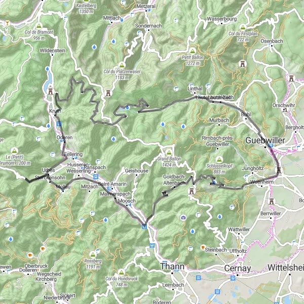 Miniature de la carte de l'inspiration cycliste "Aventure Vosges" dans la Alsace, France. Générée par le planificateur d'itinéraire cycliste Tarmacs.app