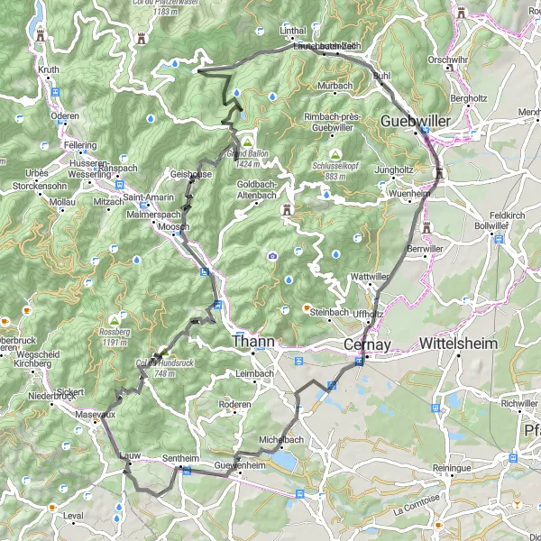 Miniature de la carte de l'inspiration cycliste "Montées Impressantes" dans la Alsace, France. Générée par le planificateur d'itinéraire cycliste Tarmacs.app