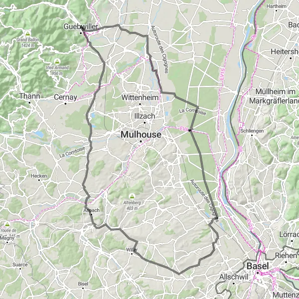 Miniature de la carte de l'inspiration cycliste "Entre Plaine et Montagne" dans la Alsace, France. Générée par le planificateur d'itinéraire cycliste Tarmacs.app