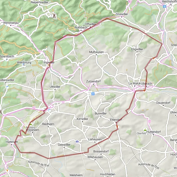 Map miniature of "Gravel Expedition" cycling inspiration in Alsace, France. Generated by Tarmacs.app cycling route planner