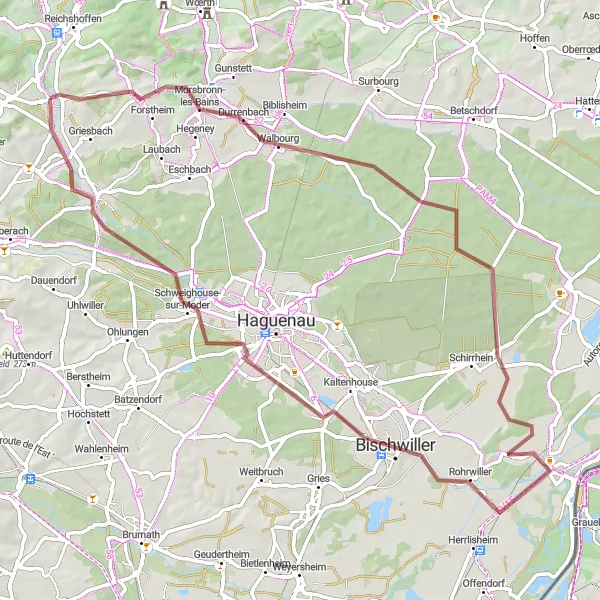 Miniature de la carte de l'inspiration cycliste "Parcours gravel autour de Gundershoffen" dans la Alsace, France. Générée par le planificateur d'itinéraire cycliste Tarmacs.app
