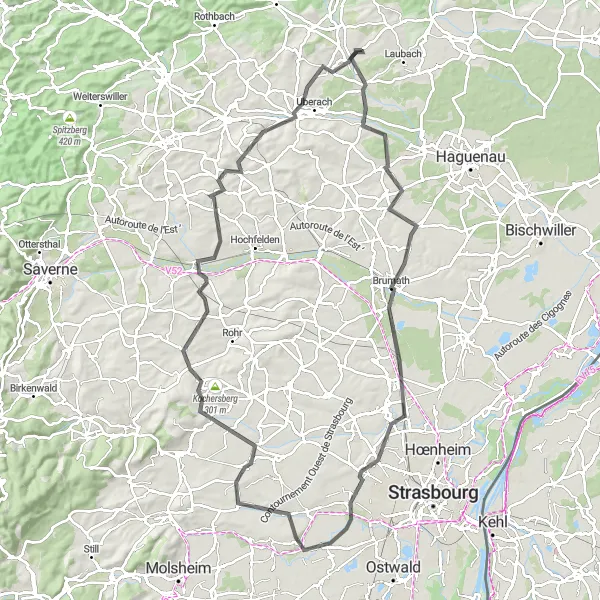 Miniature de la carte de l'inspiration cycliste "La route des vignobles et des collines" dans la Alsace, France. Générée par le planificateur d'itinéraire cycliste Tarmacs.app