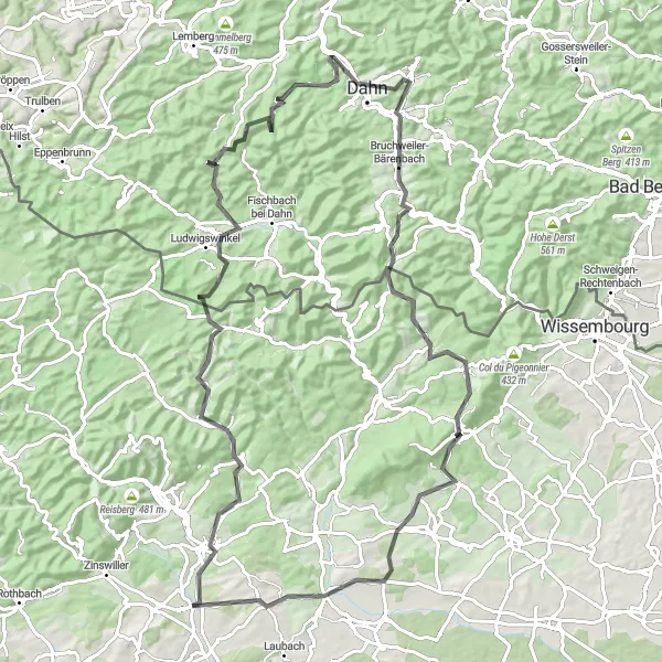 Map miniature of "The Scenic Road Explorer" cycling inspiration in Alsace, France. Generated by Tarmacs.app cycling route planner