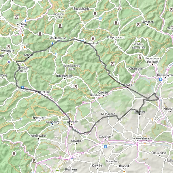 Map miniature of "The Engwiller Loop" cycling inspiration in Alsace, France. Generated by Tarmacs.app cycling route planner