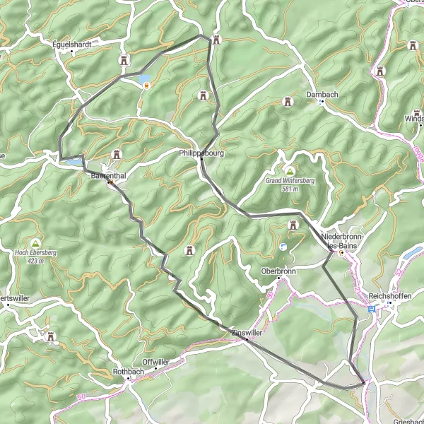Miniature de la carte de l'inspiration cycliste "Parcours routier entre Gundershoffen et les collines d'Alsace" dans la Alsace, France. Générée par le planificateur d'itinéraire cycliste Tarmacs.app