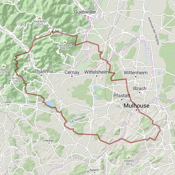 Miniature de la carte de l'inspiration cycliste "Parcours de vélo gravel sportif autour de Habsheim" dans la Alsace, France. Générée par le planificateur d'itinéraire cycliste Tarmacs.app