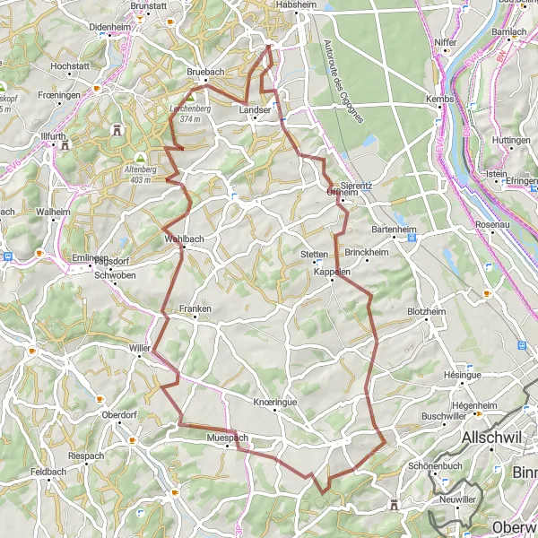 Miniature de la carte de l'inspiration cycliste "Parcours de vélo gravel avec dénivelé autour de Habsheim" dans la Alsace, France. Générée par le planificateur d'itinéraire cycliste Tarmacs.app