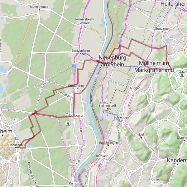 Miniature de la carte de l'inspiration cycliste "Parcours de vélo gravel autour de Habsheim" dans la Alsace, France. Générée par le planificateur d'itinéraire cycliste Tarmacs.app