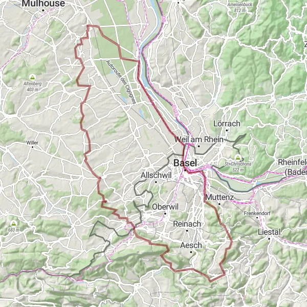 Miniature de la carte de l'inspiration cycliste "Parcours de Gravel autour de Habsheim" dans la Alsace, France. Générée par le planificateur d'itinéraire cycliste Tarmacs.app