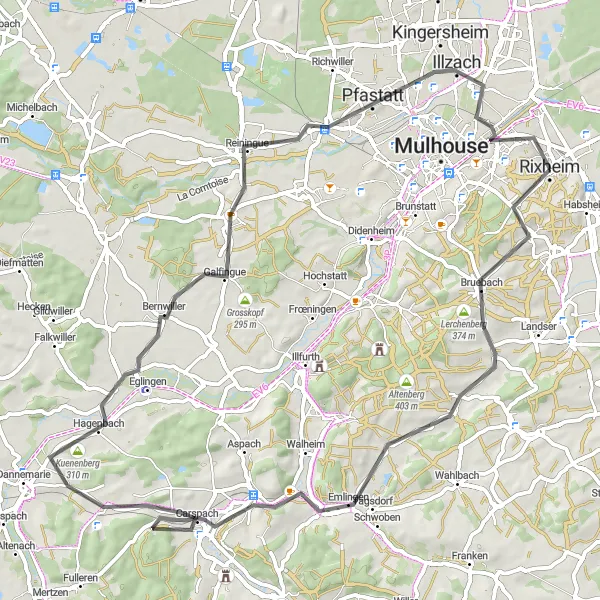 Map miniature of "The Sundgau Explorer" cycling inspiration in Alsace, France. Generated by Tarmacs.app cycling route planner