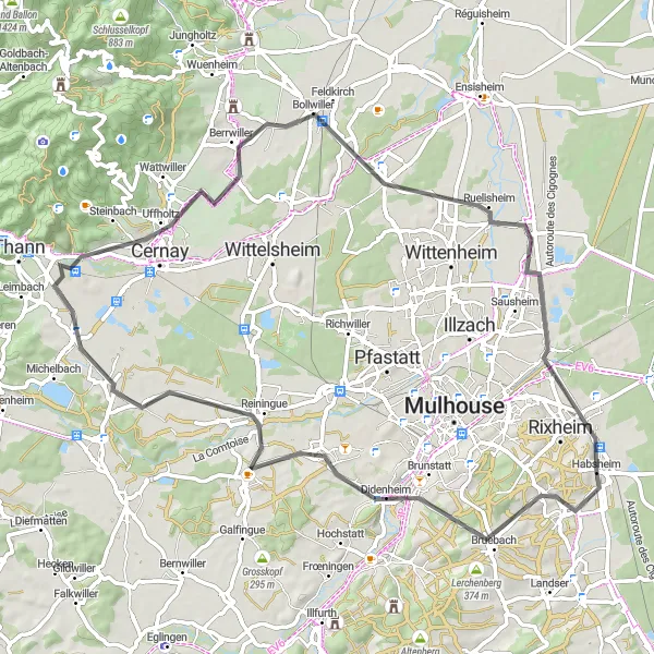 Miniature de la carte de l'inspiration cycliste "Parcours de vélo de route autour de Habsheim" dans la Alsace, France. Générée par le planificateur d'itinéraire cycliste Tarmacs.app