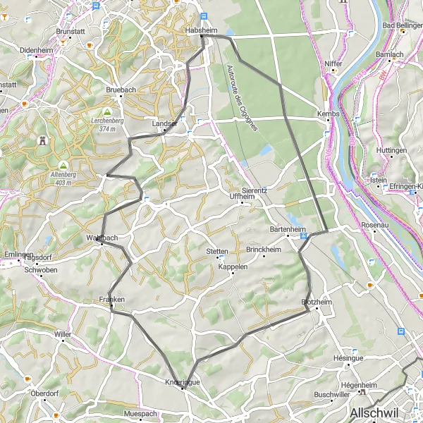 Map miniature of "Habsheim - Road to Landser" cycling inspiration in Alsace, France. Generated by Tarmacs.app cycling route planner