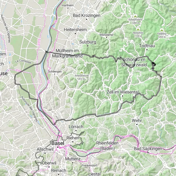 Miniature de la carte de l'inspiration cycliste "Parcours de cyclisme de route autour de Habsheim" dans la Alsace, France. Générée par le planificateur d'itinéraire cycliste Tarmacs.app