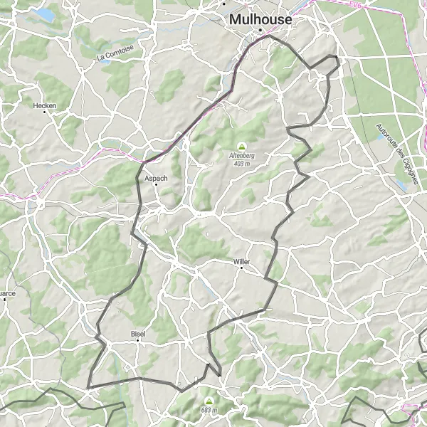 Miniature de la carte de l'inspiration cycliste "Circuit de la vallée de l'Ill" dans la Alsace, France. Générée par le planificateur d'itinéraire cycliste Tarmacs.app
