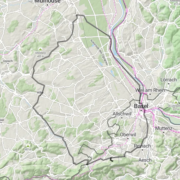 Miniature de la carte de l'inspiration cycliste "Boucle des trois frontières" dans la Alsace, France. Générée par le planificateur d'itinéraire cycliste Tarmacs.app