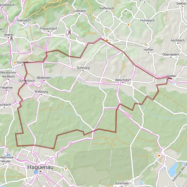 Map miniature of "Gravel Adventure: Hatten and Surroundings" cycling inspiration in Alsace, France. Generated by Tarmacs.app cycling route planner