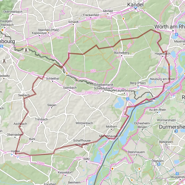 Miniature de la carte de l'inspiration cycliste "Aventure en gravel à travers la nature" dans la Alsace, France. Générée par le planificateur d'itinéraire cycliste Tarmacs.app