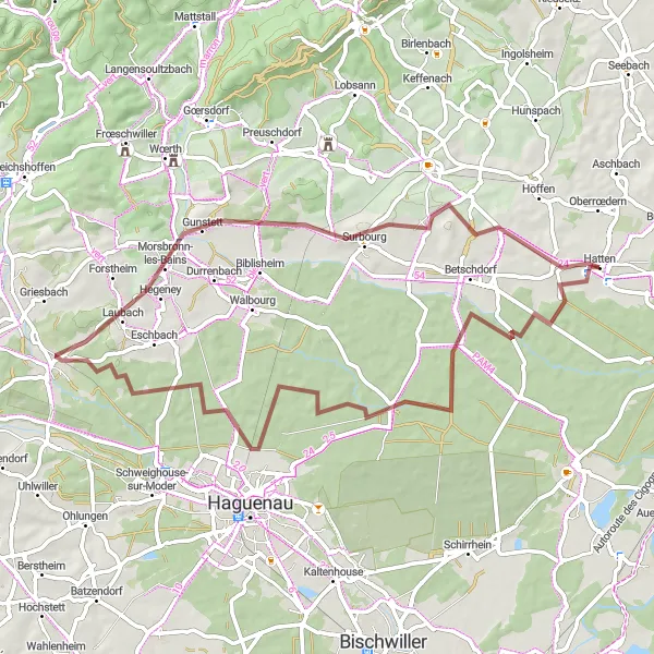 Map miniature of "Gravel Route around Hatten" cycling inspiration in Alsace, France. Generated by Tarmacs.app cycling route planner