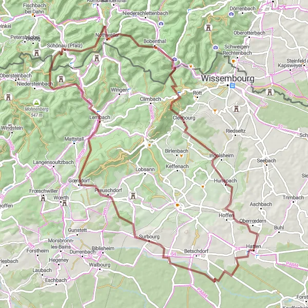 Map miniature of "Gravel Adventures" cycling inspiration in Alsace, France. Generated by Tarmacs.app cycling route planner