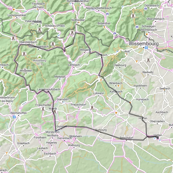 Map miniature of "Countryside Road Tour: Hatten to Hoffen" cycling inspiration in Alsace, France. Generated by Tarmacs.app cycling route planner