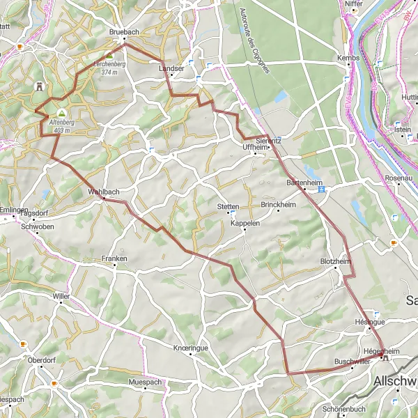 Map miniature of "Sundgau Exploration Ride" cycling inspiration in Alsace, France. Generated by Tarmacs.app cycling route planner