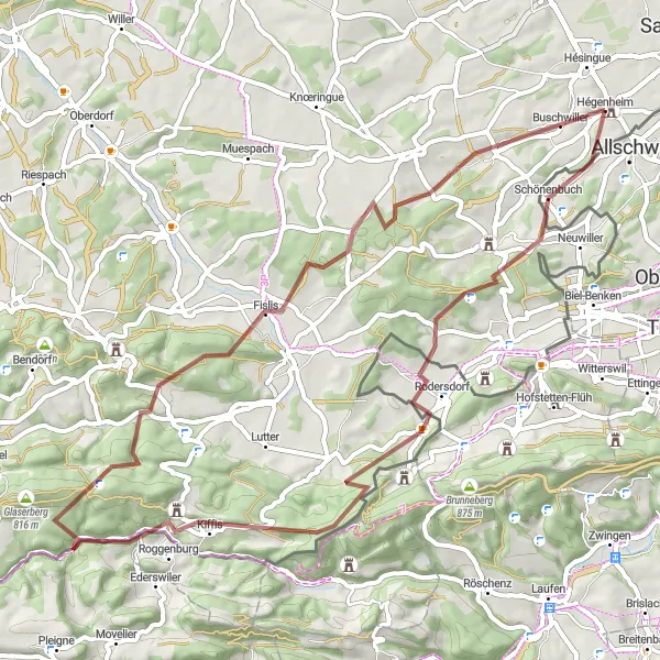 Map miniature of "Gravel Adventure in Southern Alsace" cycling inspiration in Alsace, France. Generated by Tarmacs.app cycling route planner