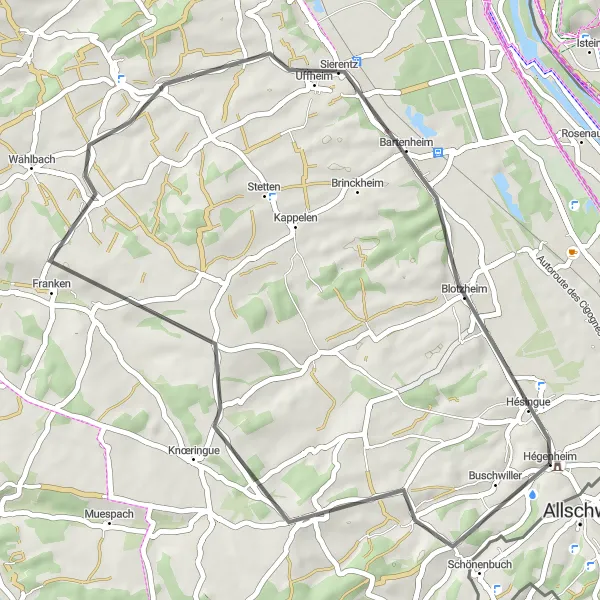Miniature de la carte de l'inspiration cycliste "Boucle Champêtre de l'Est" dans la Alsace, France. Générée par le planificateur d'itinéraire cycliste Tarmacs.app