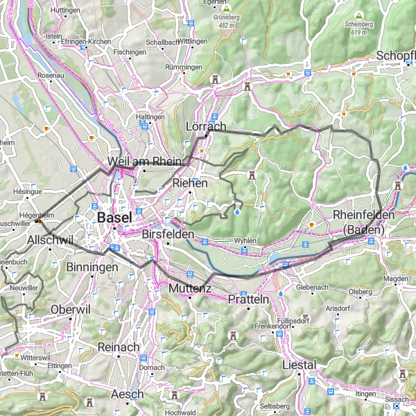 Map miniature of "Cycling Delight in Dreiländereck" cycling inspiration in Alsace, France. Generated by Tarmacs.app cycling route planner