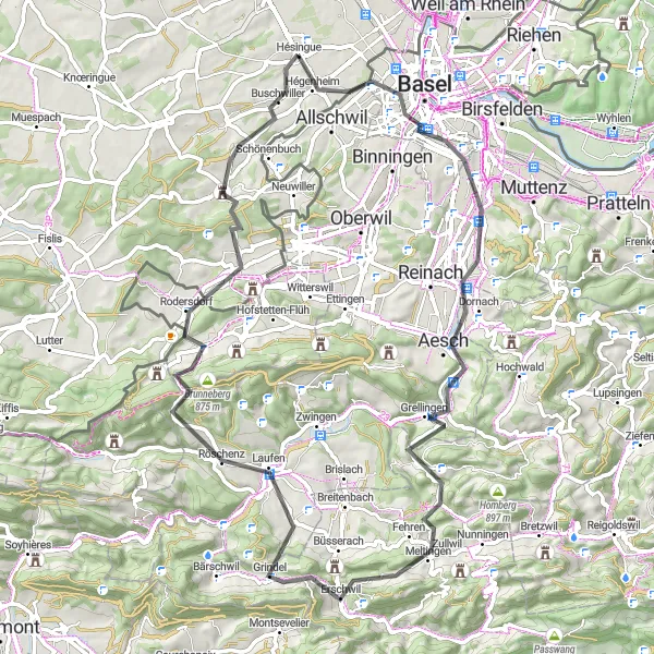 Miniature de la carte de l'inspiration cycliste "Escapade Urbaine de Bâle à Leymen" dans la Alsace, France. Générée par le planificateur d'itinéraire cycliste Tarmacs.app