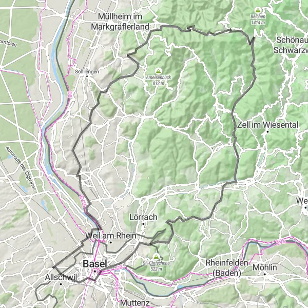 Map miniature of "Alsace Highlights Cycling Route" cycling inspiration in Alsace, France. Generated by Tarmacs.app cycling route planner