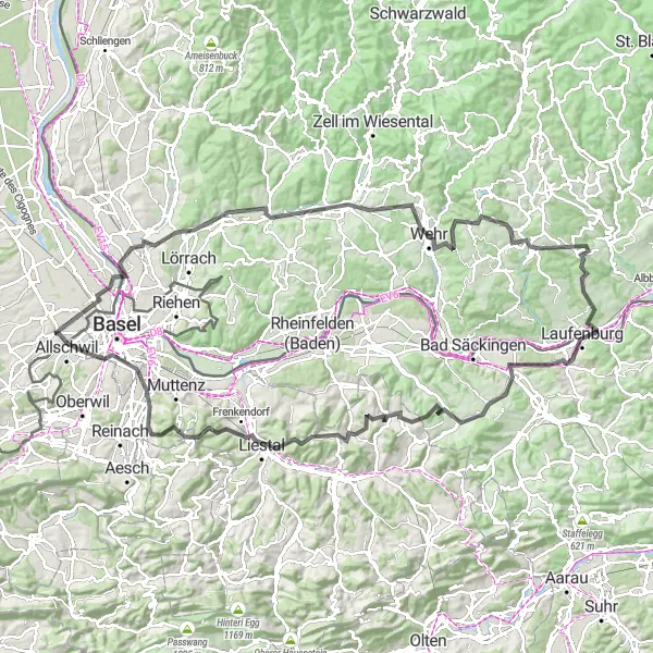 Miniature de la carte de l'inspiration cycliste "Tour du Pays Bâlois" dans la Alsace, France. Générée par le planificateur d'itinéraire cycliste Tarmacs.app