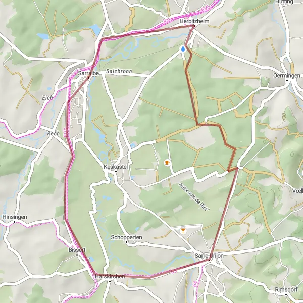 Miniature de la carte de l'inspiration cycliste "Escapade à Harskirchen" dans la Alsace, France. Générée par le planificateur d'itinéraire cycliste Tarmacs.app