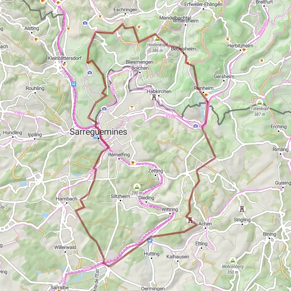 Map miniature of "Off the Beaten Path" cycling inspiration in Alsace, France. Generated by Tarmacs.app cycling route planner