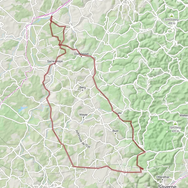 Map miniature of "Domfessel Gravel Adventure" cycling inspiration in Alsace, France. Generated by Tarmacs.app cycling route planner