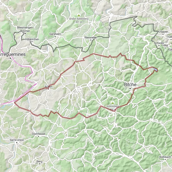 Miniature de la carte de l'inspiration cycliste "Les Collines du Pays de Bitche" dans la Alsace, France. Générée par le planificateur d'itinéraire cycliste Tarmacs.app