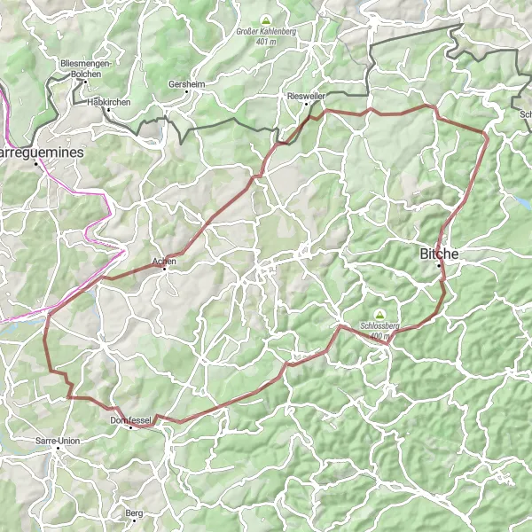 Map miniature of "Gravel Tour through Rimling and Bousseviller" cycling inspiration in Alsace, France. Generated by Tarmacs.app cycling route planner