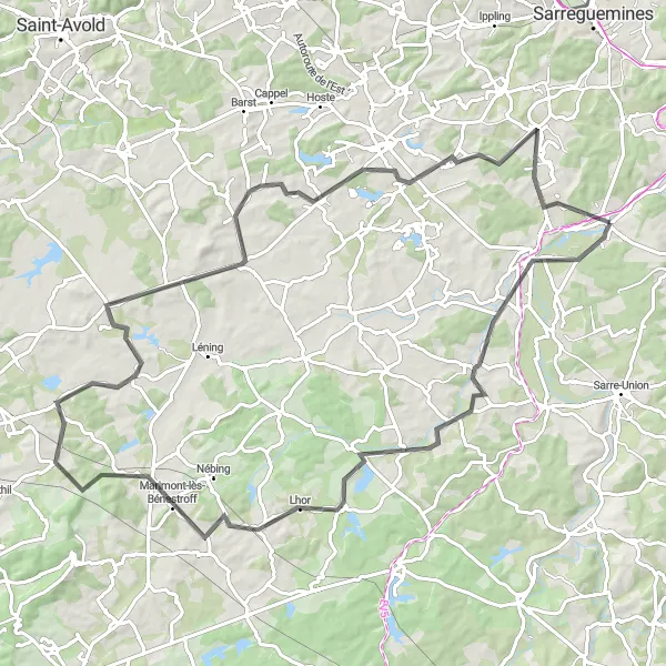 Map miniature of "Exploring Historic Villages" cycling inspiration in Alsace, France. Generated by Tarmacs.app cycling route planner