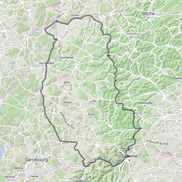 Miniature de la carte de l'inspiration cycliste "La Grande Boucle des Vosges" dans la Alsace, France. Générée par le planificateur d'itinéraire cycliste Tarmacs.app