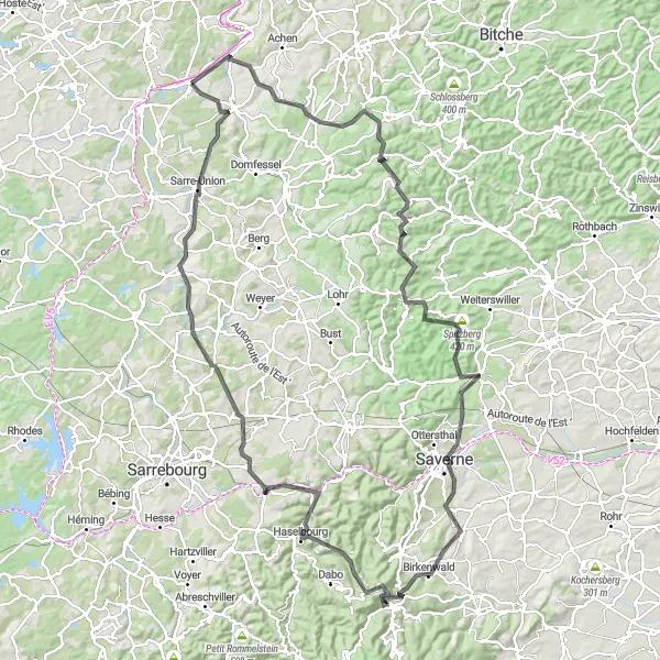 Map miniature of "The Schmittviller and Hammerkopf Challenge" cycling inspiration in Alsace, France. Generated by Tarmacs.app cycling route planner