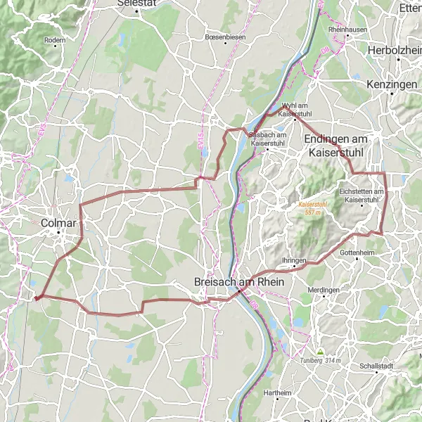 Map miniature of "Scenic Gravel Route to Endingen am Kaiserstuhl" cycling inspiration in Alsace, France. Generated by Tarmacs.app cycling route planner