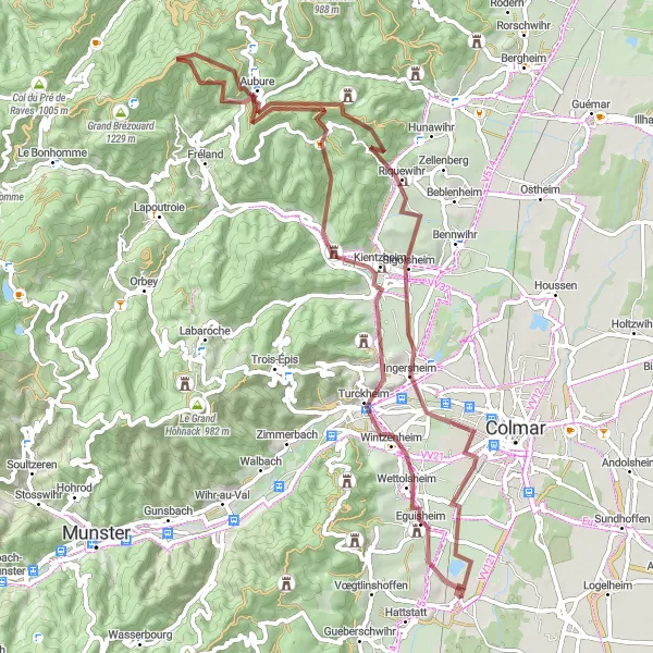 Map miniature of "Challenging Gravel Adventure to Kaysersberg" cycling inspiration in Alsace, France. Generated by Tarmacs.app cycling route planner