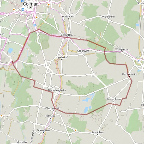Miniature de la carte de l'inspiration cycliste "Boucle des villages du Rhin" dans la Alsace, France. Générée par le planificateur d'itinéraire cycliste Tarmacs.app