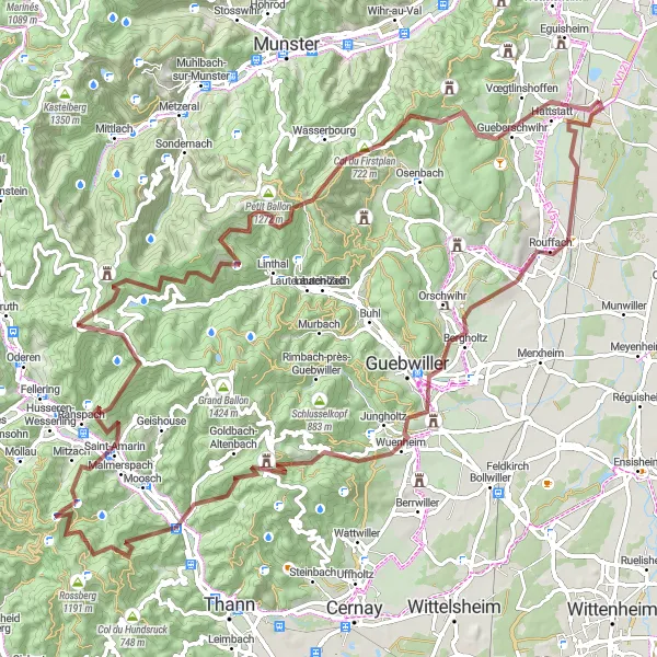 Miniature de la carte de l'inspiration cycliste "Le défi des cols vosgiens" dans la Alsace, France. Générée par le planificateur d'itinéraire cycliste Tarmacs.app