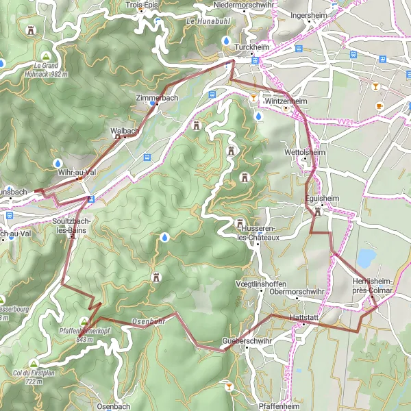 Miniature de la carte de l'inspiration cycliste "Parcours VTT à partir de Herrlisheim-près-Colmar" dans la Alsace, France. Générée par le planificateur d'itinéraire cycliste Tarmacs.app